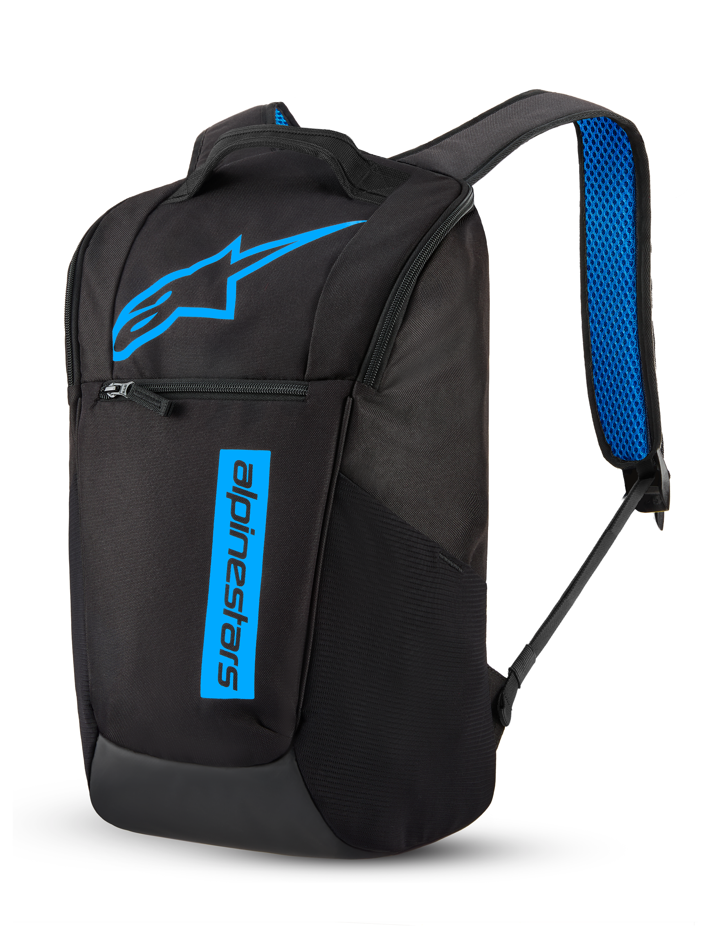 Alpinestars Defcon V3, sac à dos sportswear et quotidien, noir et bleu, capacité de 13,6L, construction durable en polyester 600D, avec logos imprimés et bretelles rembourrées en maille aérée bleue.