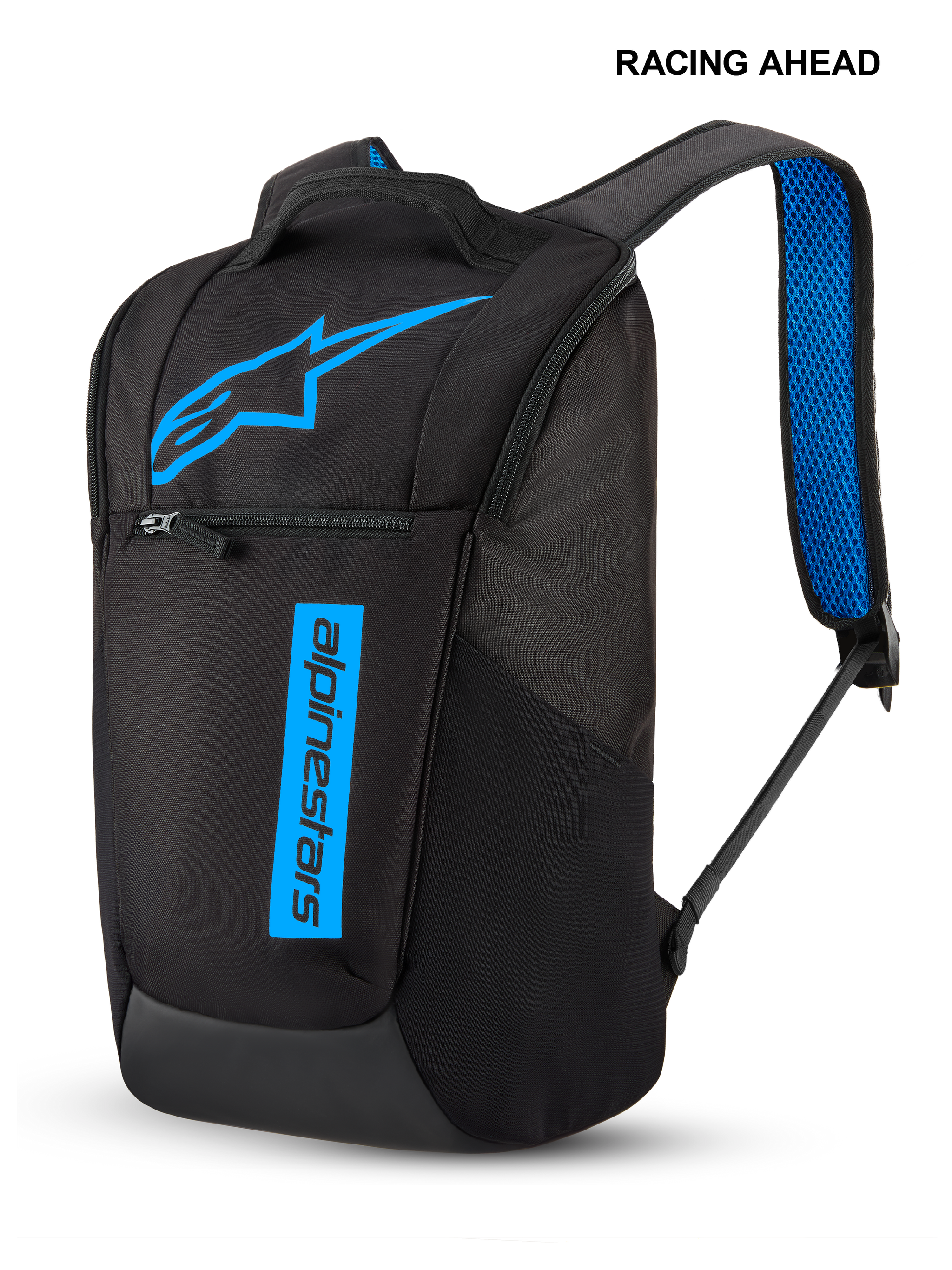 Sac à dos Alpinestars Defcon V3, petit sac à dos quotidien, noir et bleu, arborant un logo étoile bleu vif et un marquage textuel vertical, poche avant zippée et bretelles rembourrées en maille aérée bleue, design sportswear durable