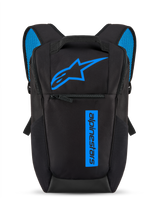Sac à dos Alpinestars Defcon V3, noir et bleu, petit sac à dos quotidien avec logo Astars bleu vif et marquage vertical, poche avant zippée, bretelles rembourrées avec maille aérée bleue, matériau en polyester 600D durable