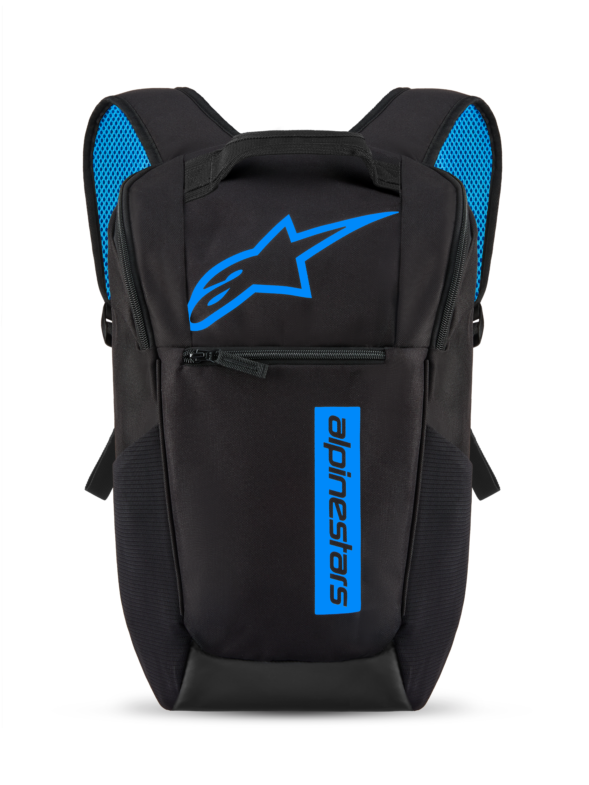 Sac à dos Alpinestars Defcon V3, noir et bleu, petit sac à dos quotidien avec logo Astars bleu vif et marquage vertical, poche avant zippée, bretelles rembourrées avec maille aérée bleue, matériau en polyester 600D durable