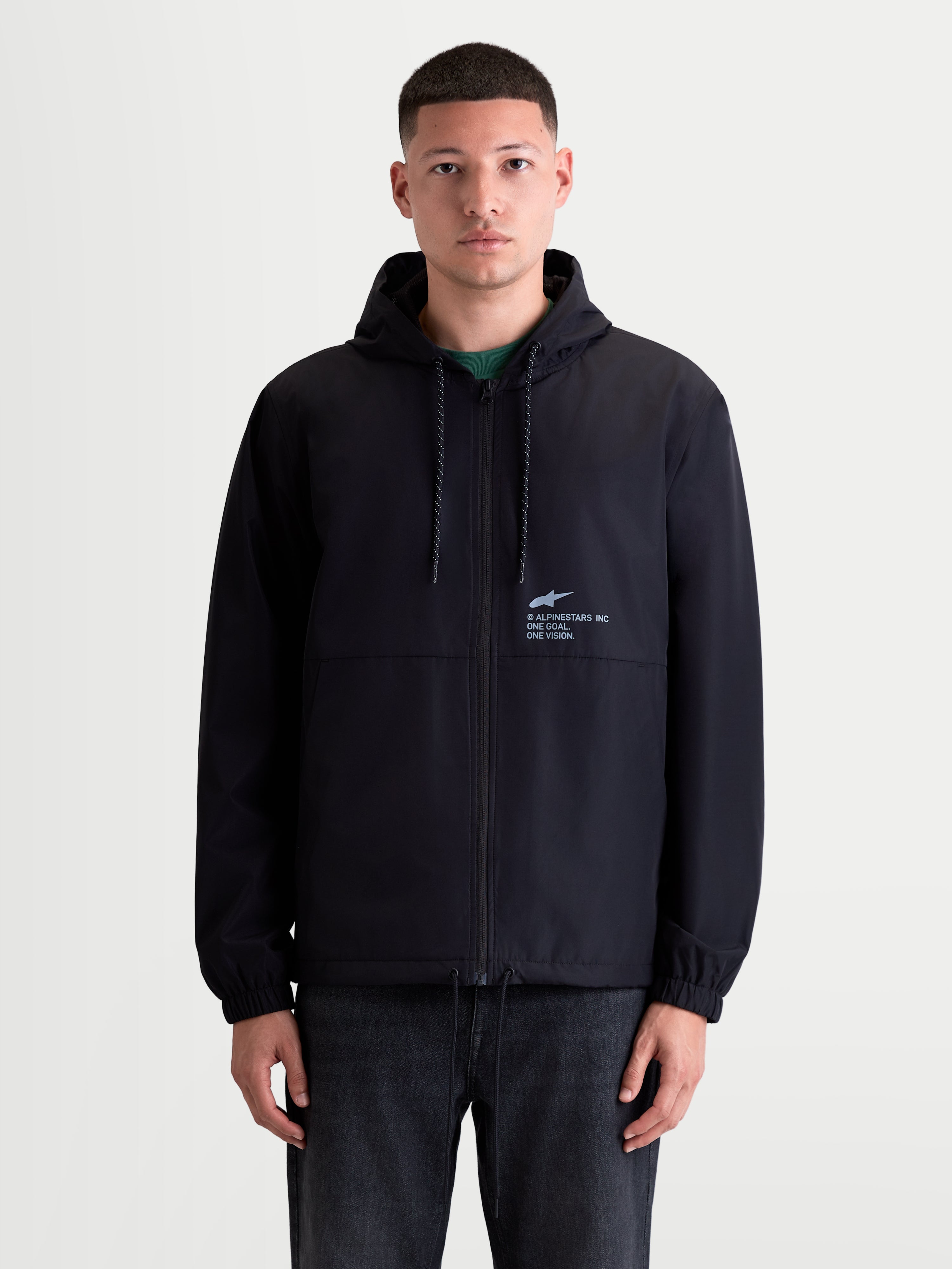 Alpinestars Speeder Resolve Windbreaker Jacket, Lightweight Hooded Sportswear for Men, Black, Windproof Textile Construction, features Mesh Lining and Adjustable Hood with 'One Goal. One Vision.' Chest Branding