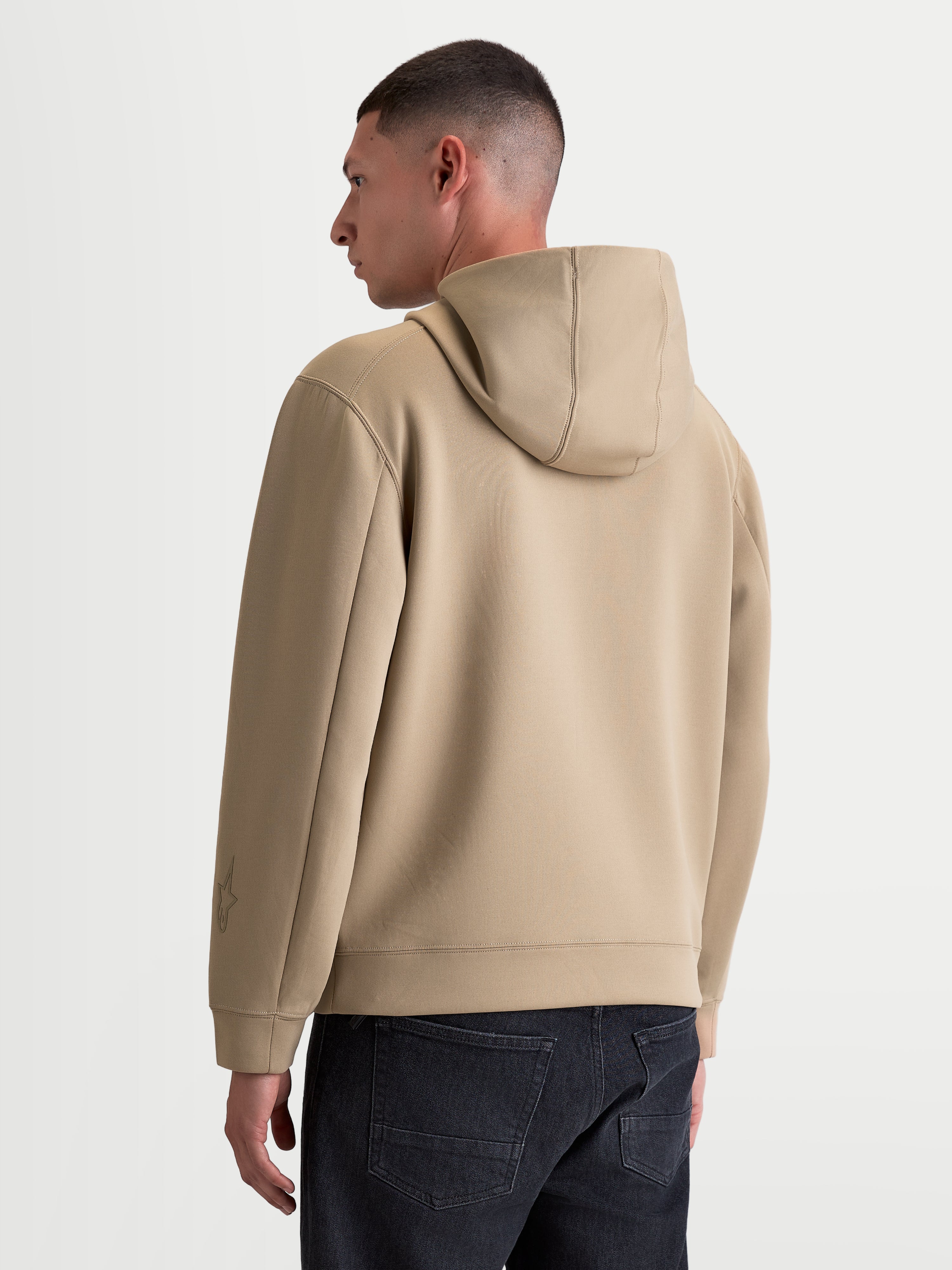 Alpinestars Datrix Hoodie, Men's Motorsport-Inspired Sportswear Pullover, Putty Brown, Double-Face Fleece Construction with Mesh-Lined Hood and Tonal Branding, Rear View on Model