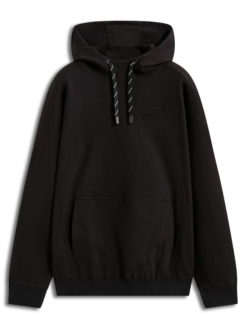 Alpinestars Camino Textured Oversized Hoodie, sweat à capuche de sportswear noir en polaire texturée, logo 3D discret, poche kangourou et cordons bicolores noirs et blancs.