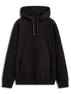 Alpinestars Camino Textured Oversized Hoodie, sweat à capuche de sportswear noir en polaire texturée, logo 3D discret, poche kangourou et cordons bicolores noirs et blancs.