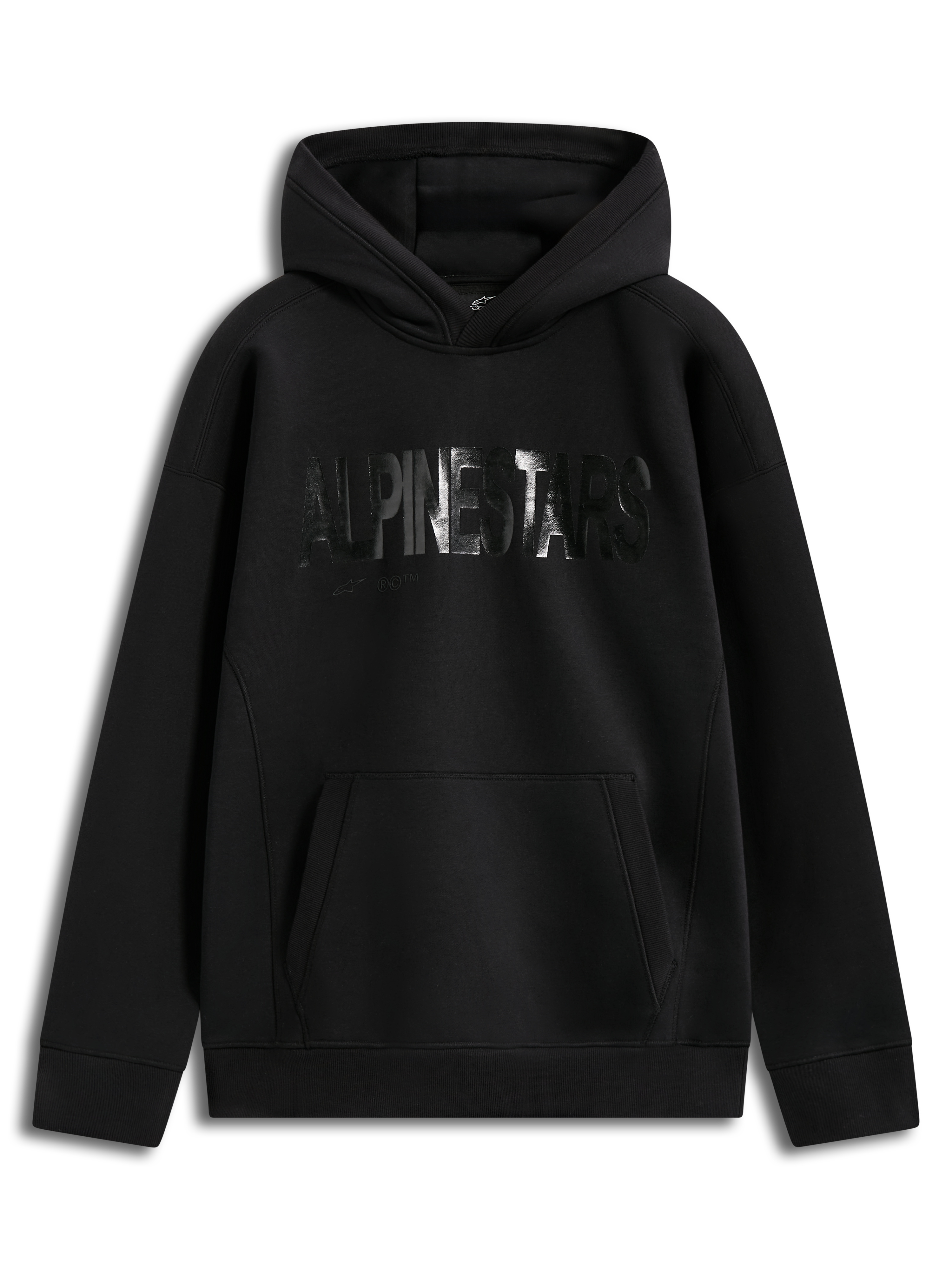 Alpinestars Shaw Oversized Hoodie, sweat à capuche en polaire noir, logo Alpinestars texturé sur le devant, poche kangourou, coupe ample décontractée