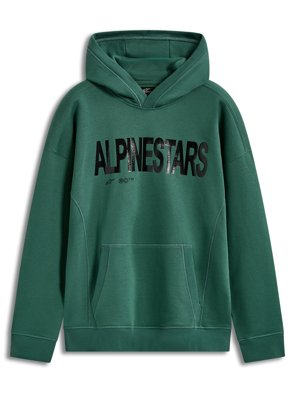Alpinestars Shaw Oversized hoodie, sweat à capuche sportswear vert, logo noir texturé, polaire avec poche kangourou.