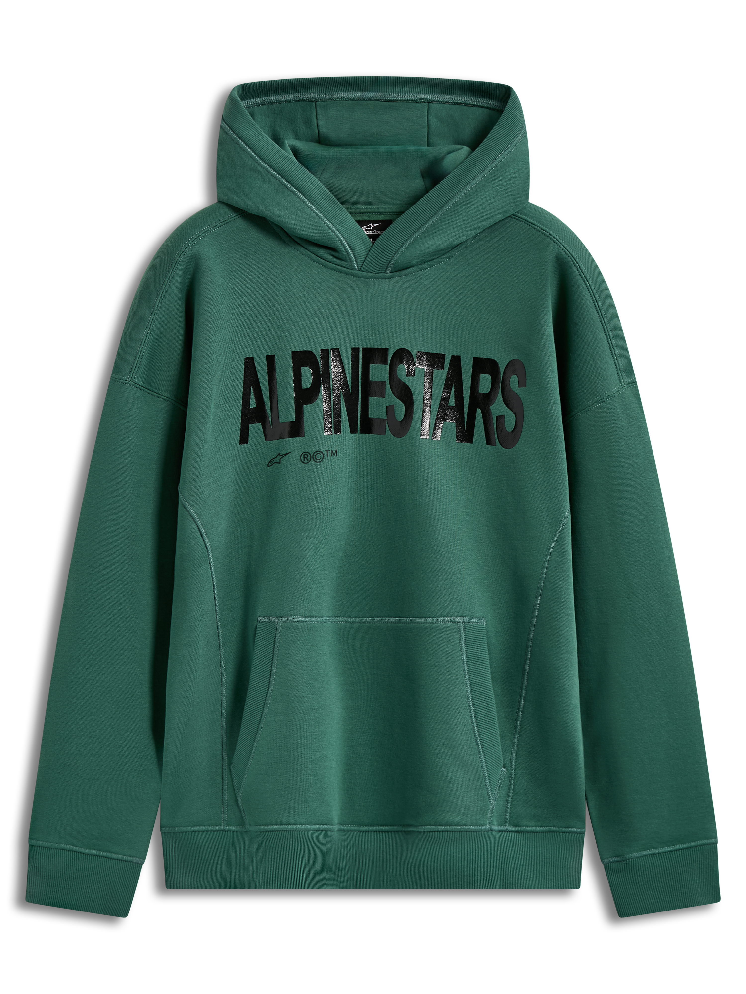 Alpinestars Shaw Oversized hoodie, sweat à capuche sportswear vert, logo noir texturé, polaire avec poche kangourou.