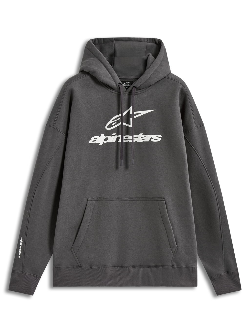 Alpinestars Prelude Oversized Hoodie, sweat à capuche de sportswear, gris anthracite, molleton doux avec logo Alpinestars en relief sur la poitrine, poche kangourou et coupe ample.