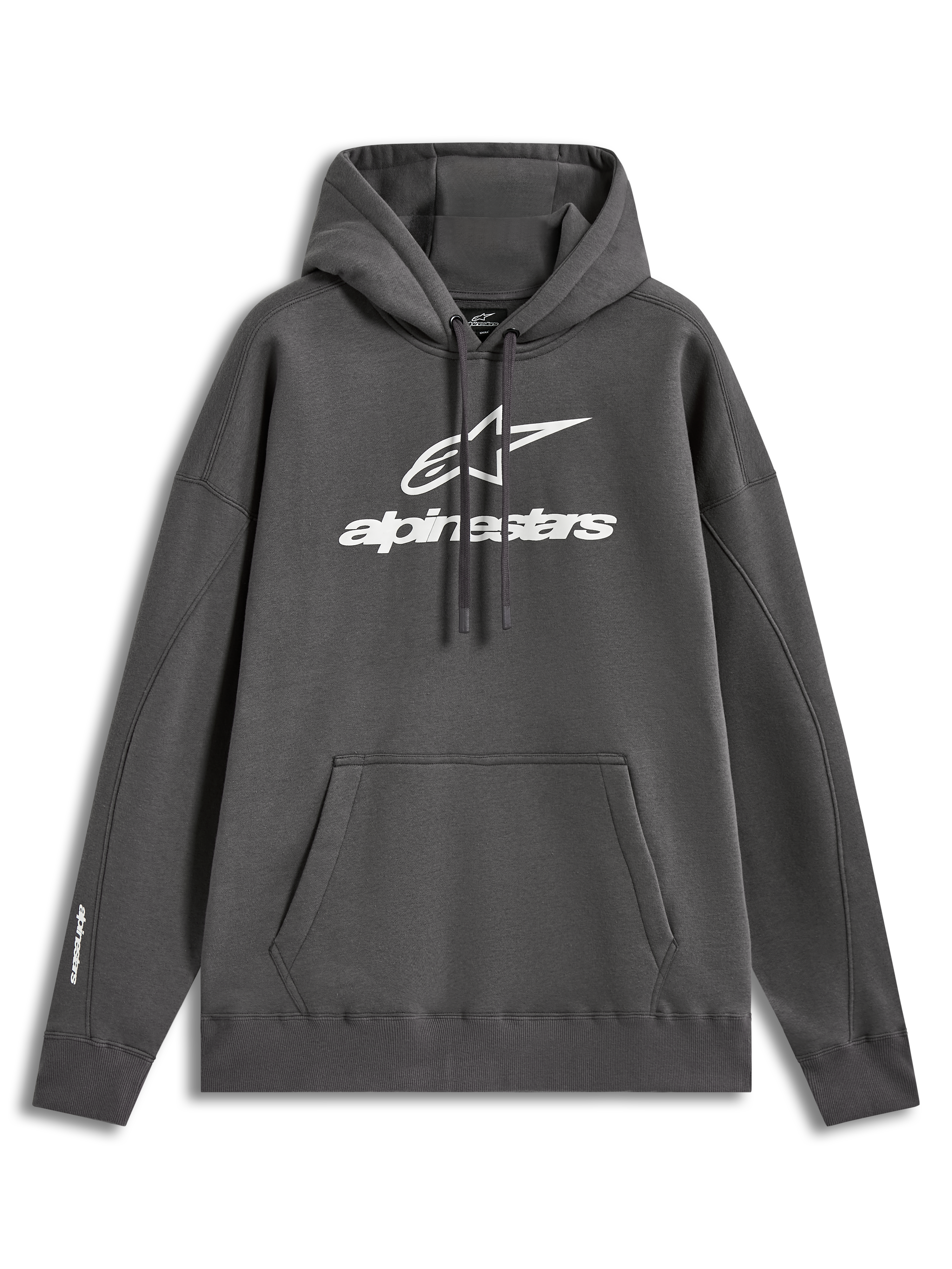Alpinestars Prelude Oversized Hoodie, sweat à capuche de sportswear, gris anthracite, molleton doux avec logo Alpinestars en relief sur la poitrine, poche kangourou et coupe ample.