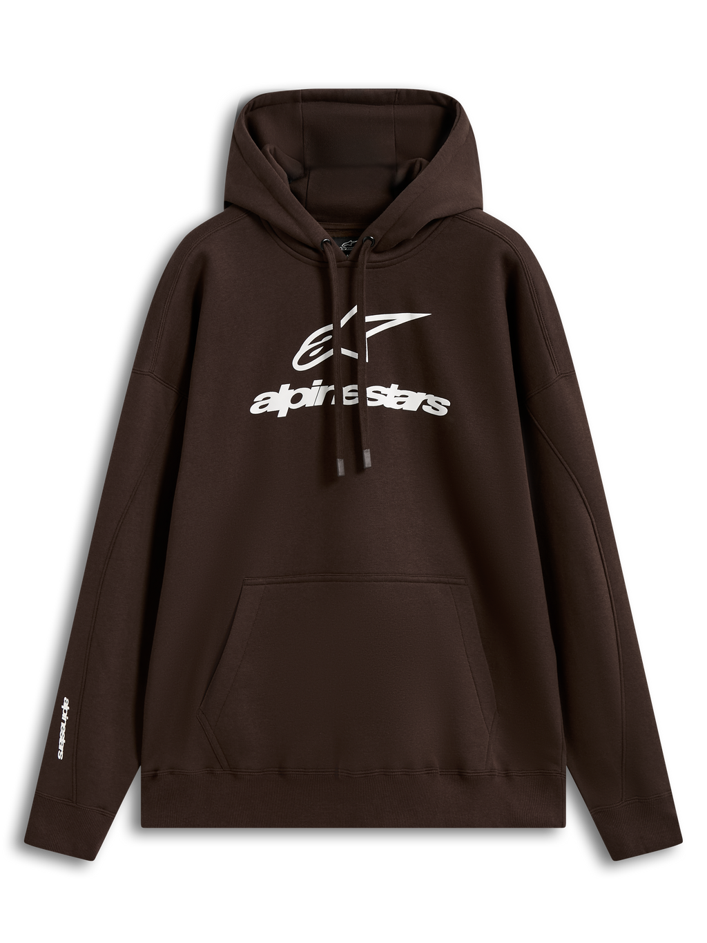 Alpinestars Prelude Oversized, sweat à capuche marron en polaire, logo blanc en relief, poche kangourou, style sportswear