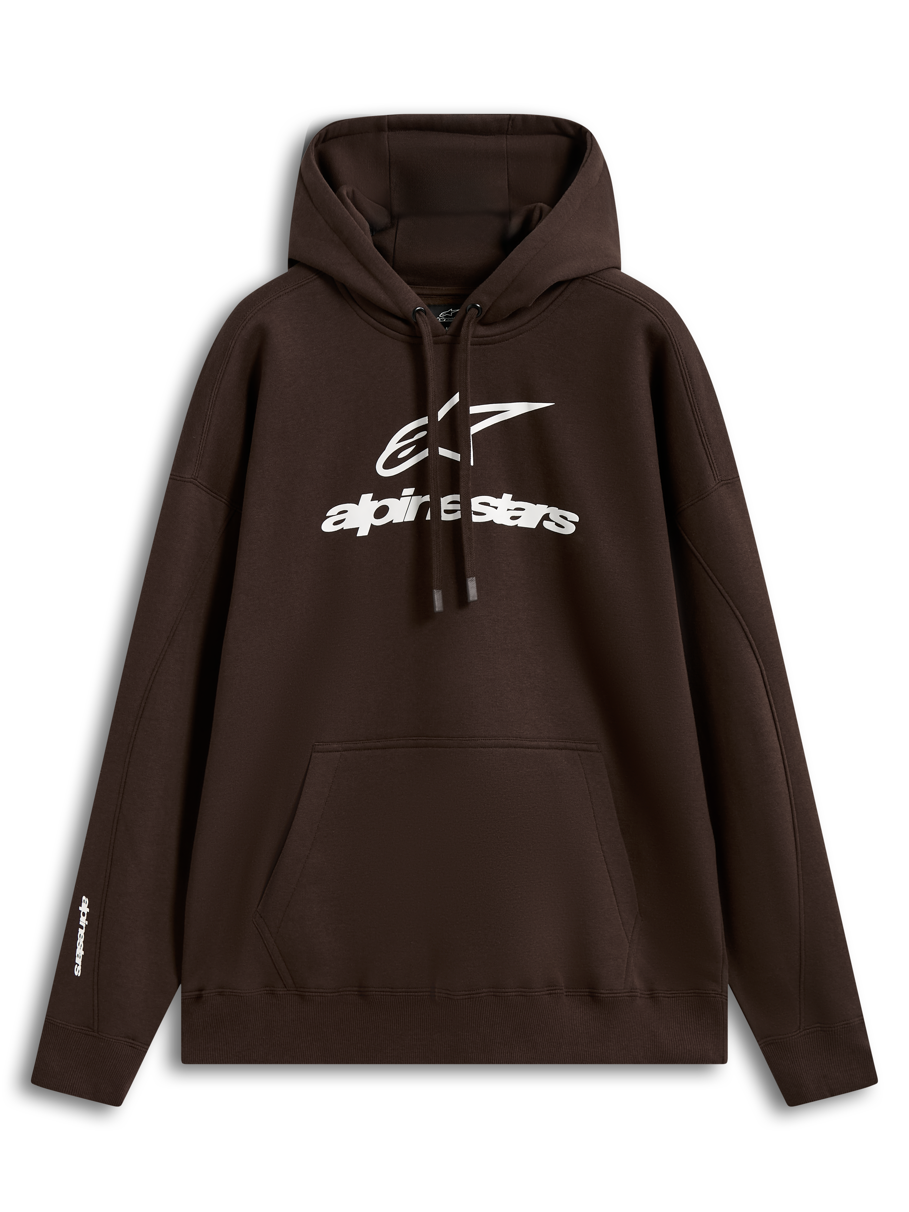 Alpinestars Prelude Oversized, sweat à capuche marron en polaire, logo blanc en relief, poche kangourou, style sportswear