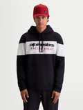Alpinestars Cubic Hoodie, Men's Sportswear Pullover Fleece, Black and White color-blocked design with bold Alpinestars Racing Ahead logo on the chest, features a drawstring hood and front pouch pocket, casual off-bike lifestyle apparel.