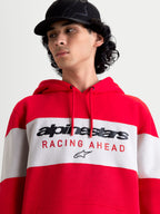 Alpinestars sweat à capuche Cubic, sweat à capuche sportswear unisexe, rouge et blanc, design à blocs de couleurs avec logo frontal Alpinestars et graphique « Racing Ahead », construction en coton et polyester recyclé, vue sur modèle