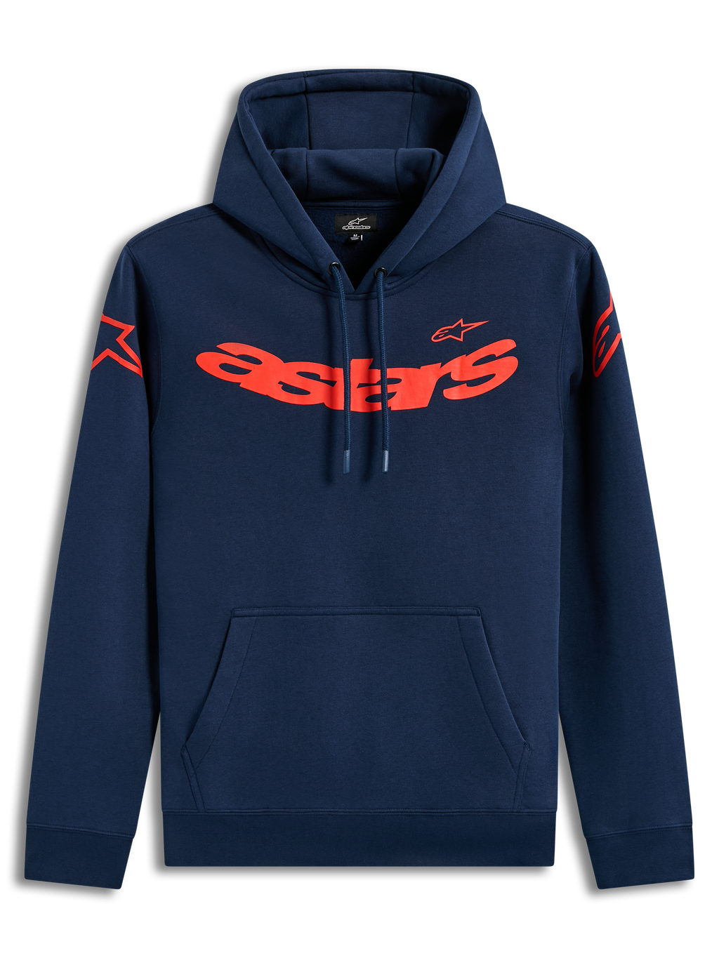 Alpinestars Velocifier Hoodie, sweat à capuche bleu marine en polaire avec logos Astars rouges, style sportswear.