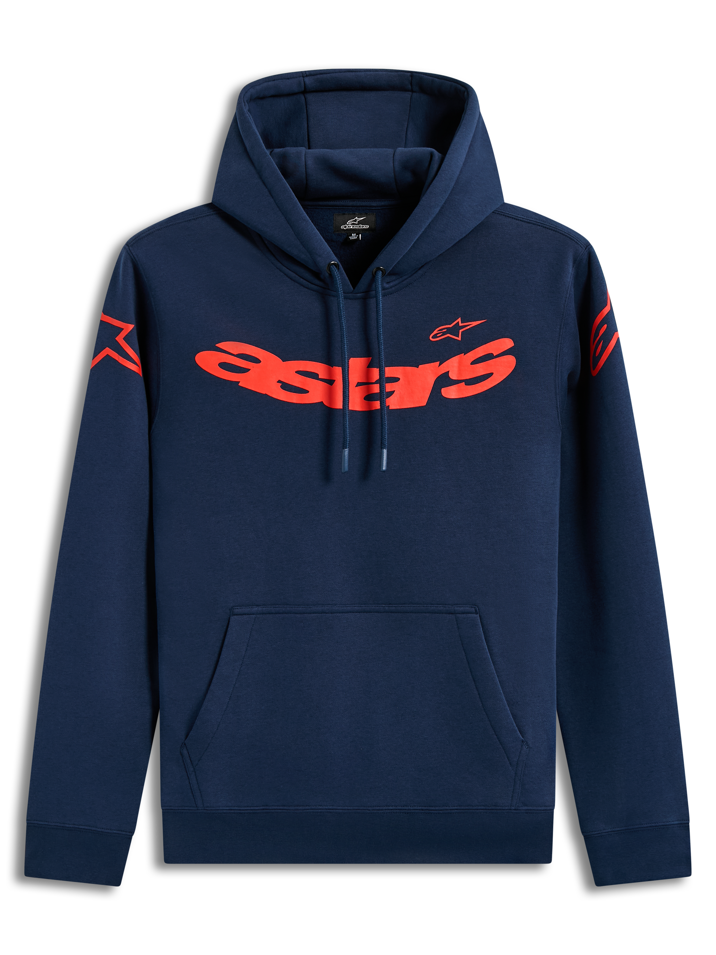Alpinestars Velocifier Hoodie, sweat à capuche bleu marine en polaire avec logos Astars rouges, style sportswear.