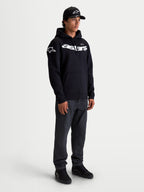 Alpinestars Velocifier, sweat à capuche sportswear en polaire pour homme, noir et blanc, avec inscription Astars courbée sur la poitrine et logos sur les épaules, construction en coton mélangé premium pour un style motorsport décontracté