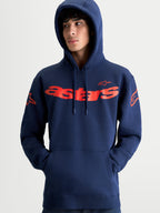 Alpinestars sweat à capuche Velocifier, polaire sportswear unisexe, bleu marine et rouge avec marquage astars, lettrage courbé sur le devant, logos aux épaules et capuche avec cordons de serrage.