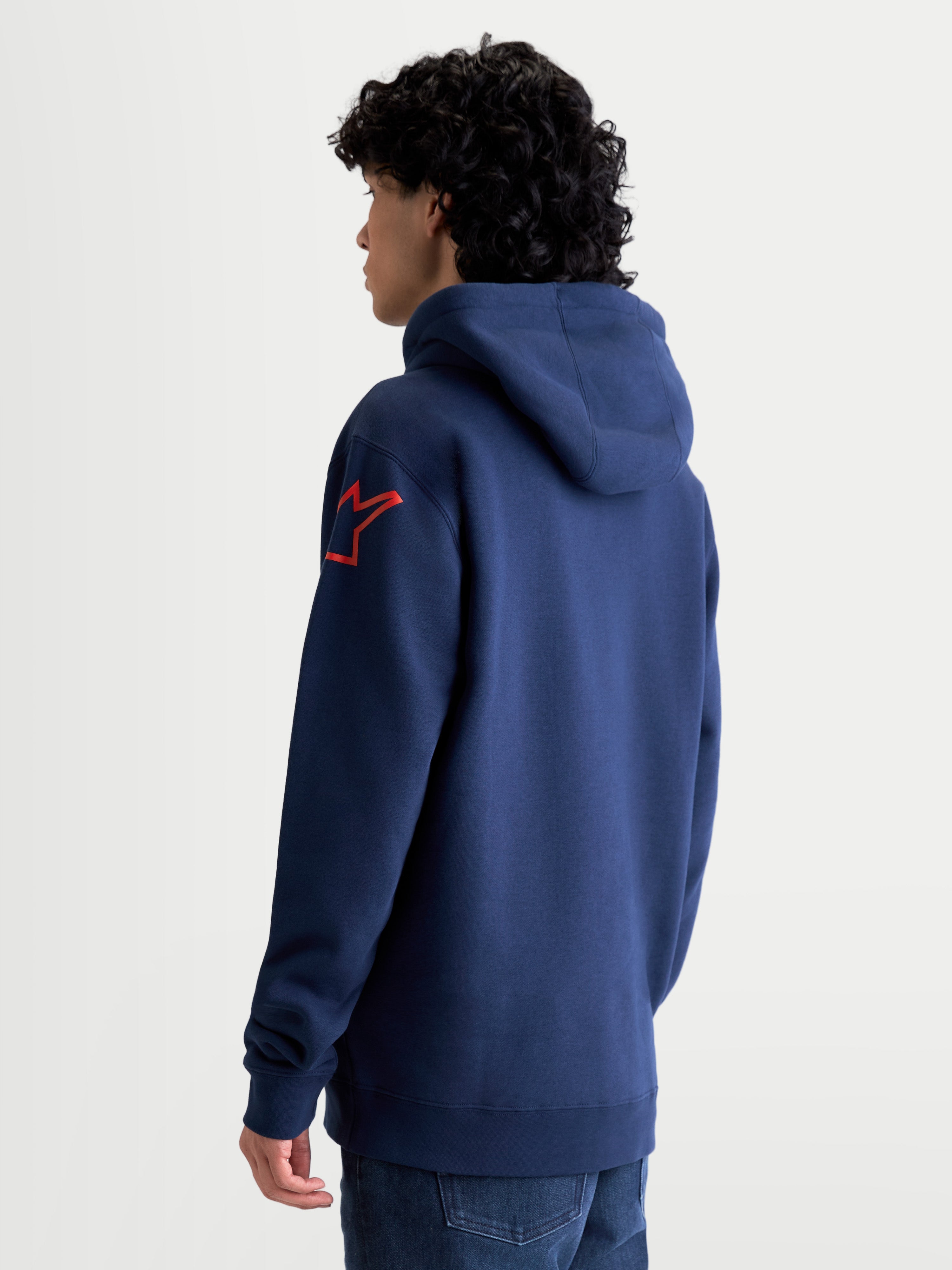 Alpinestars sweat à capuche Velocifier, sweat à capuche sportswear pour homme, bleu marine et rouge, vue de dos avec logo Astars rouge sur l'épaule, polaire décontractée pour le sport automobile
