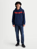Alpinestars Sweat à capuche Velocifier, sweat sportswear pour homme en polaire, bleu marine et rouge, avec logos Astars sur la poitrine et les épaules, capuche réglable et poche kangourou.