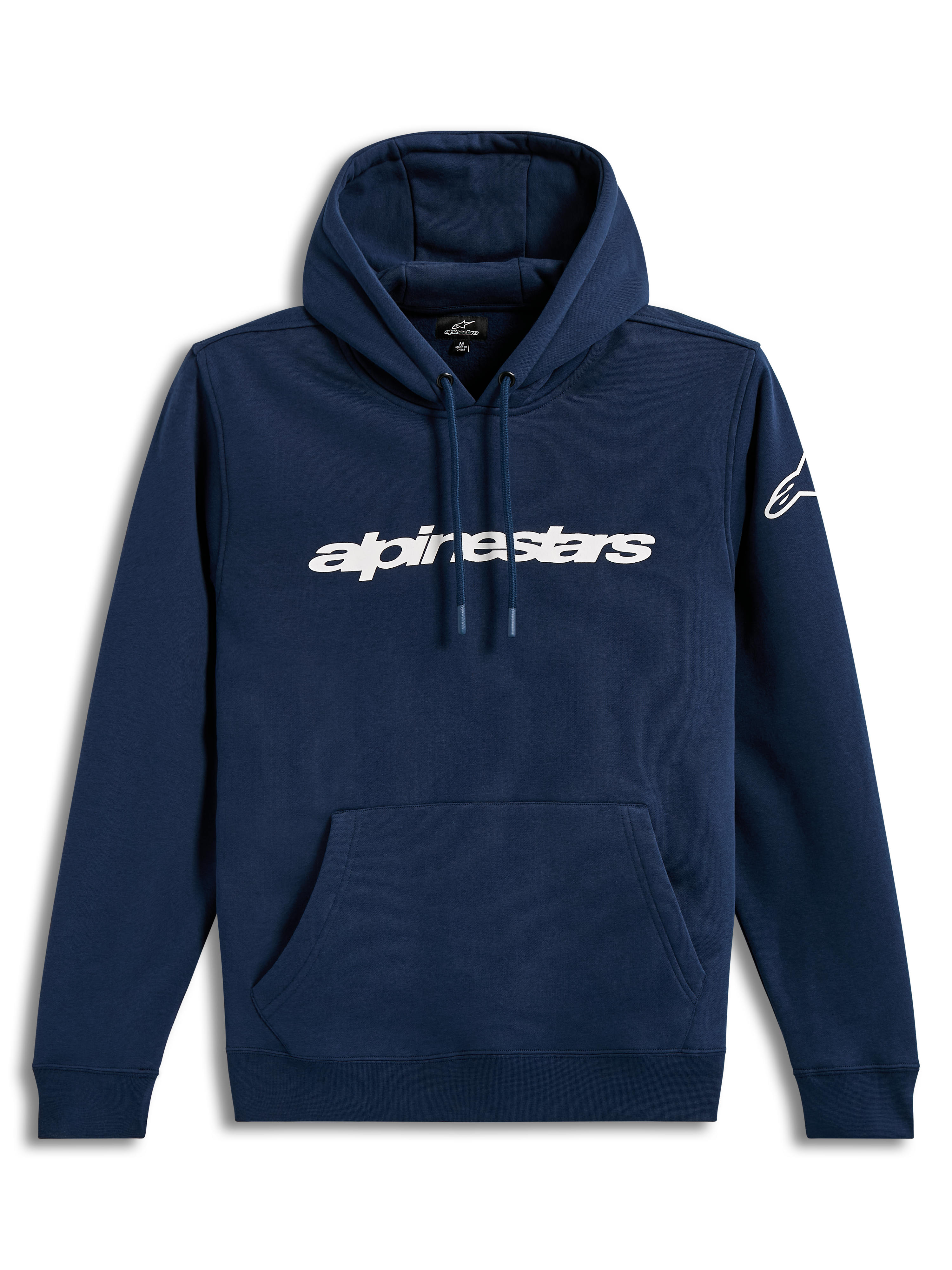 Alpinestars Race Wordmark Hoodie, Navy blue and white sportswear pullover with bold logo graphics and a front pouch pocket.