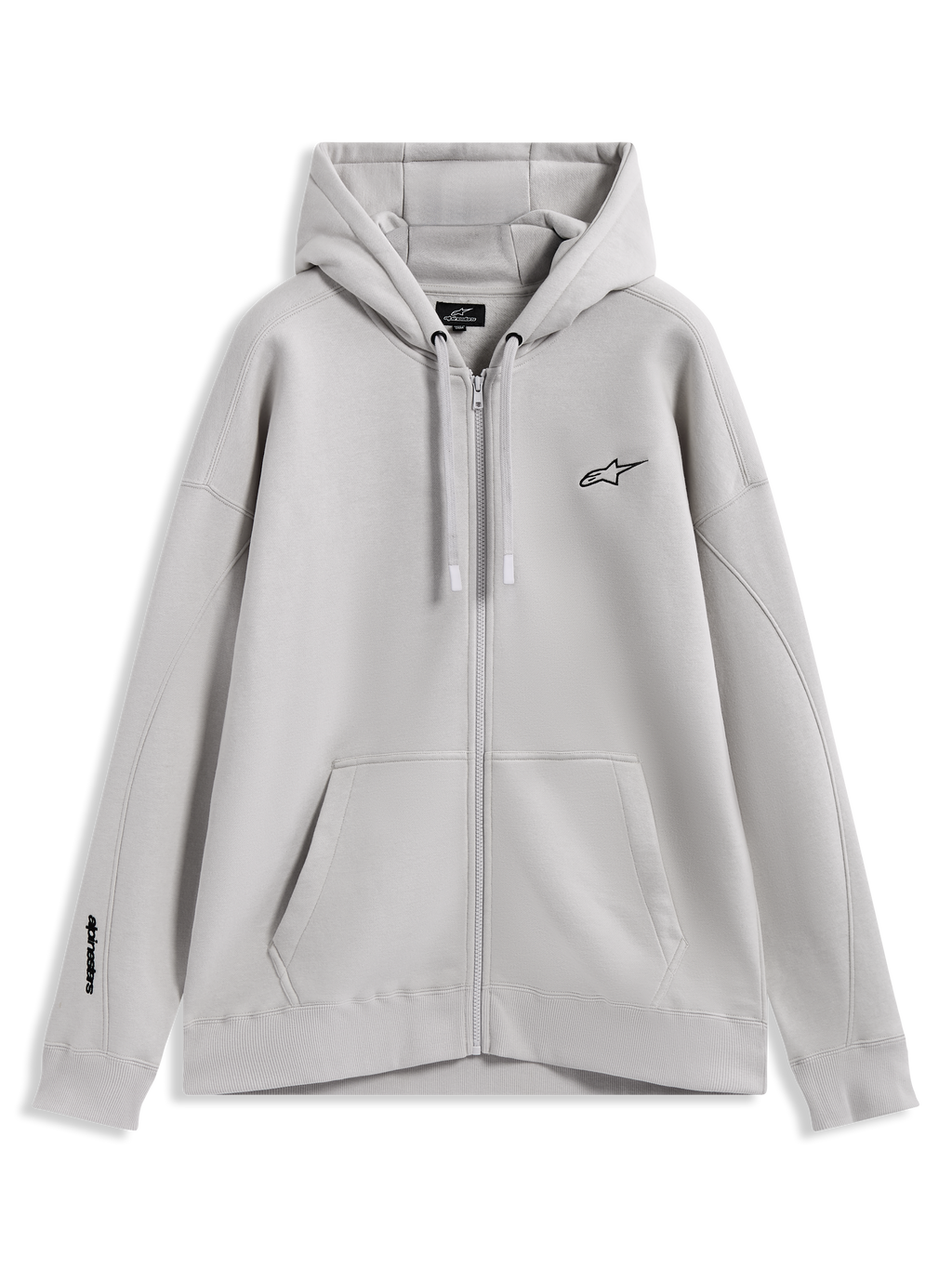 Alpinestars Entity Oversized Hoodie, sweat à capuche zippé en polaire gris, logos brodés et poche kangourou, sportswear.