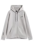Alpinestars Entity Oversized Hoodie, sweat à capuche zippé en polaire gris, logos brodés et poche kangourou, sportswear.