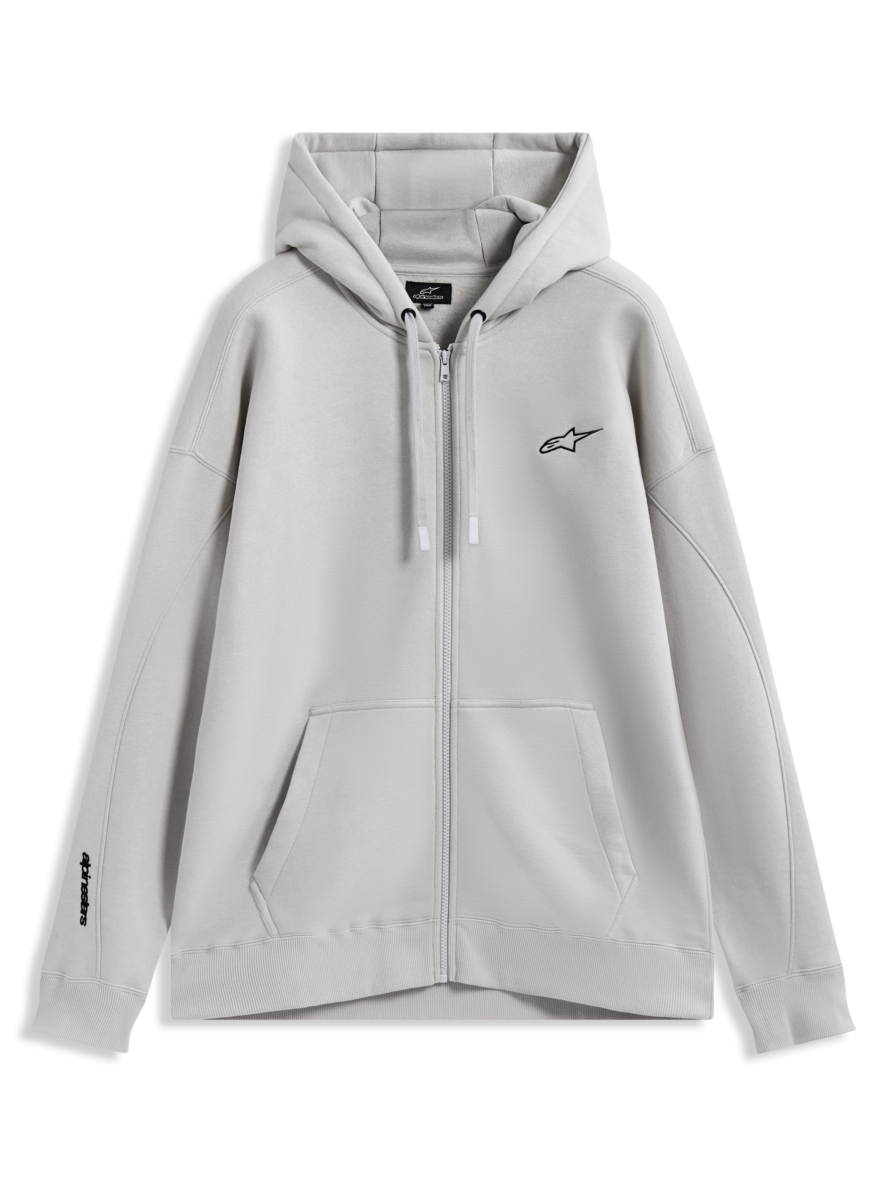 Alpinestars Entity Oversized Hoodie, sweat à capuche zippé en polaire gris, logos brodés et poche kangourou, sportswear.