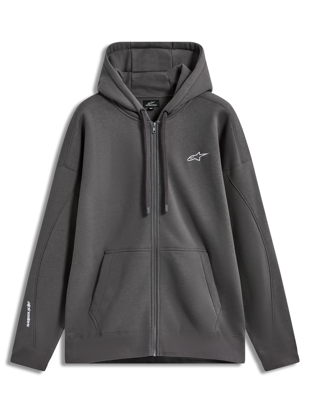 Alpinestars Entity Oversized Hoodie, sweat à capuche zippé en polaire gris anthracite, logo Astars blanc brodé sur la poitrine, poche kangourou, style sportswear