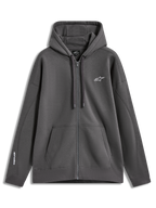 Alpinestars Entity Oversized Hoodie, sweat à capuche zippé en polaire gris anthracite, logo Astars blanc brodé sur la poitrine, poche kangourou, style sportswear