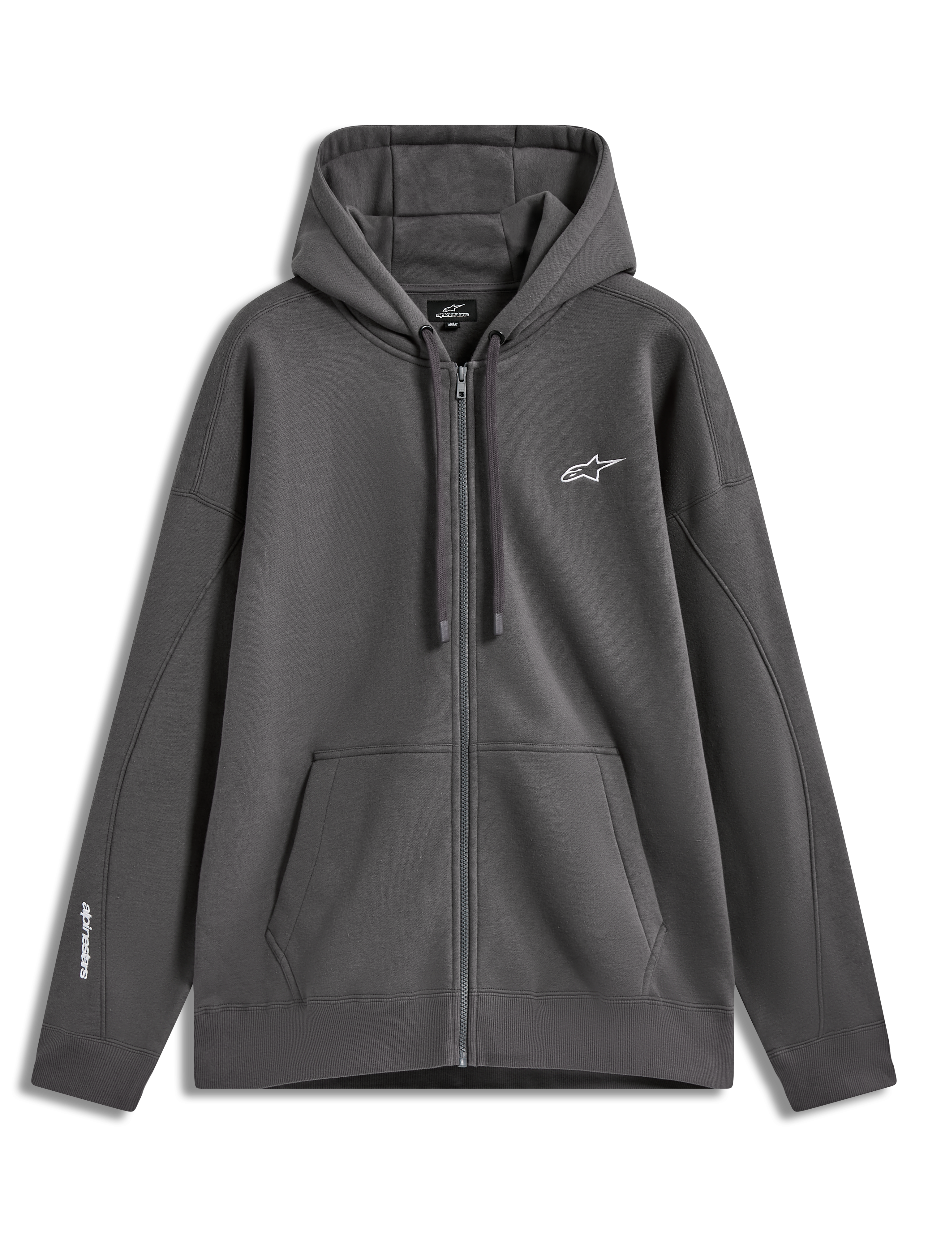 Alpinestars Entity Oversized Hoodie, sweat à capuche zippé en polaire gris anthracite, logo Astars blanc brodé sur la poitrine, poche kangourou, style sportswear