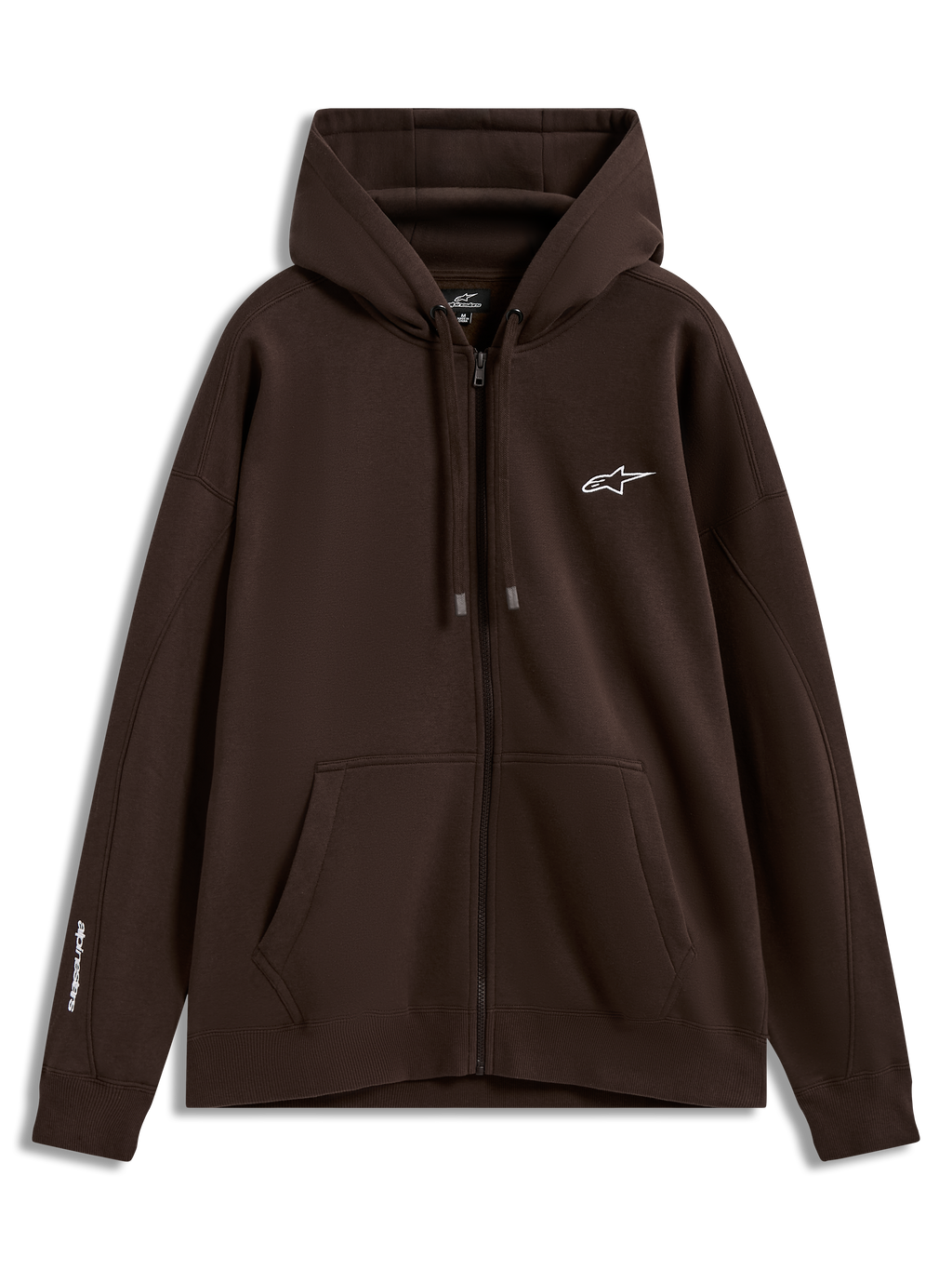 Alpinestars Entity Oversized Hoodie, sweat à capuche zippé marron en polaire sportswear avec logos blancs sur la poitrine et la manche et poche kangourou.