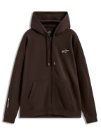 Alpinestars Entity Oversized Hoodie, sweat à capuche zippé marron en polaire sportswear avec logos blancs sur la poitrine et la manche et poche kangourou.