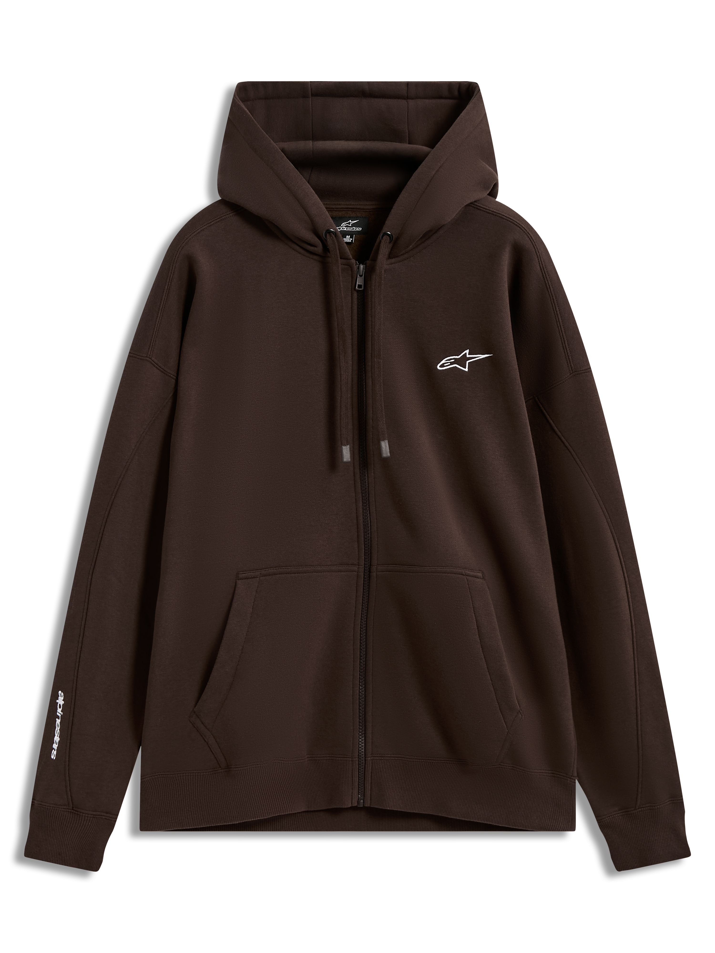 Alpinestars Entity Oversized Hoodie, sweat à capuche zippé marron en polaire sportswear avec logos blancs sur la poitrine et la manche et poche kangourou.