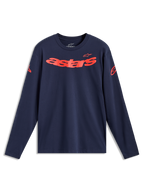Alpinestars Velocifier CSF, t-shirt à manches longues bleu marine et rouge, logo Astars incurvé et logos sur les épaules.