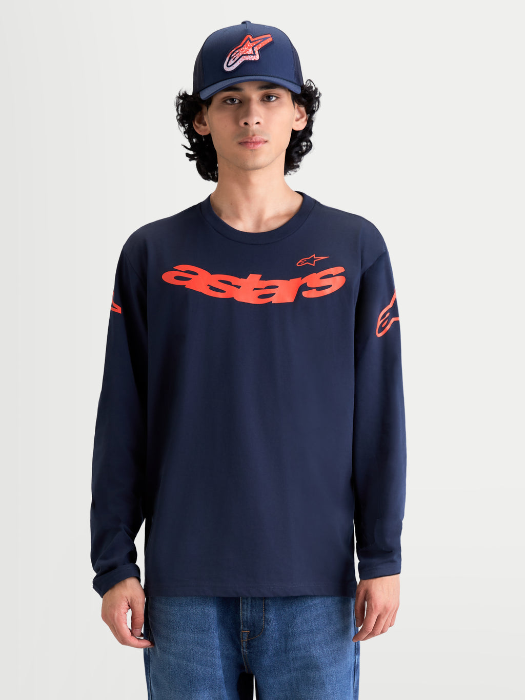 Alpinestars T-Shirt Velocifier CSF, t-shirt de sportswear à manches longues pour homme, bleu marine et orange, avec graphisme Astars incurvé sur la poitrine, logos aux épaules et poignets côtelés