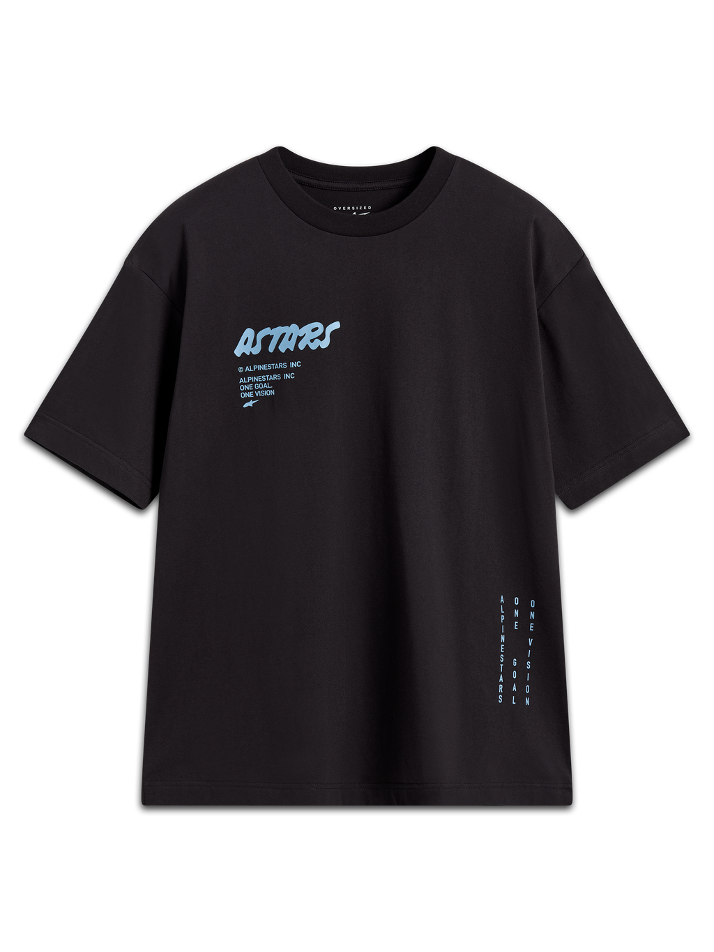 Alpinestars Chalk Oversized CSF, t-shirt noir à manches courtes, logo Astars bleu clair et marquage latéral, style sportswear.