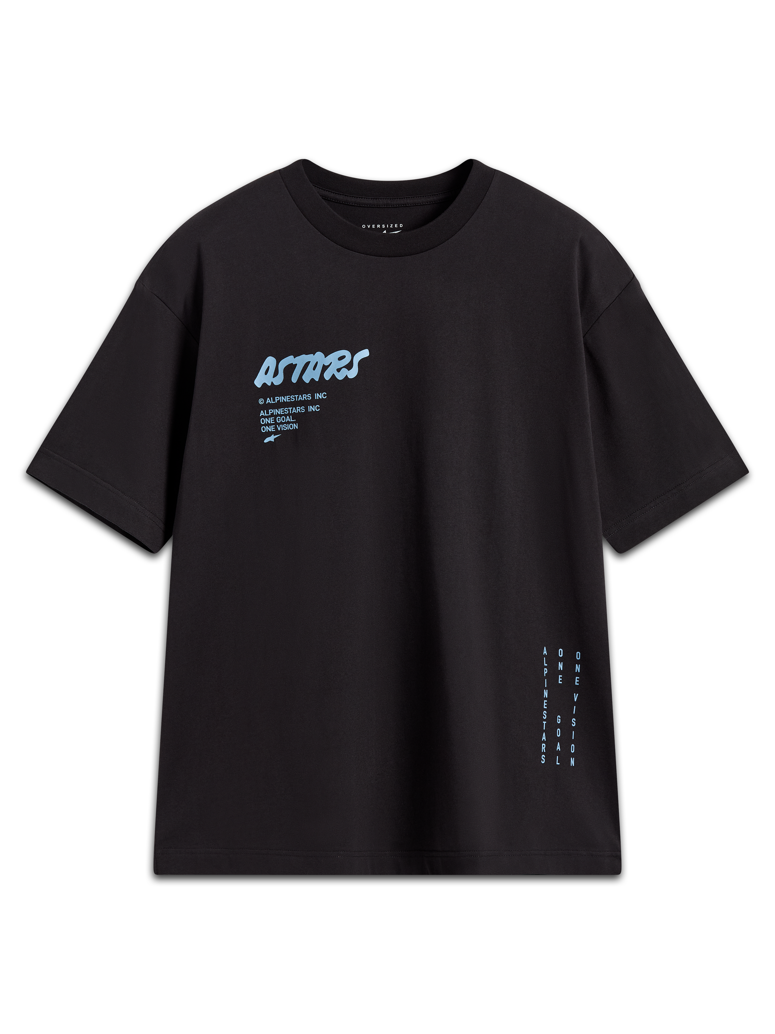 Alpinestars Chalk Oversized CSF, t-shirt noir à manches courtes, logo Astars bleu clair et marquage latéral, style sportswear.