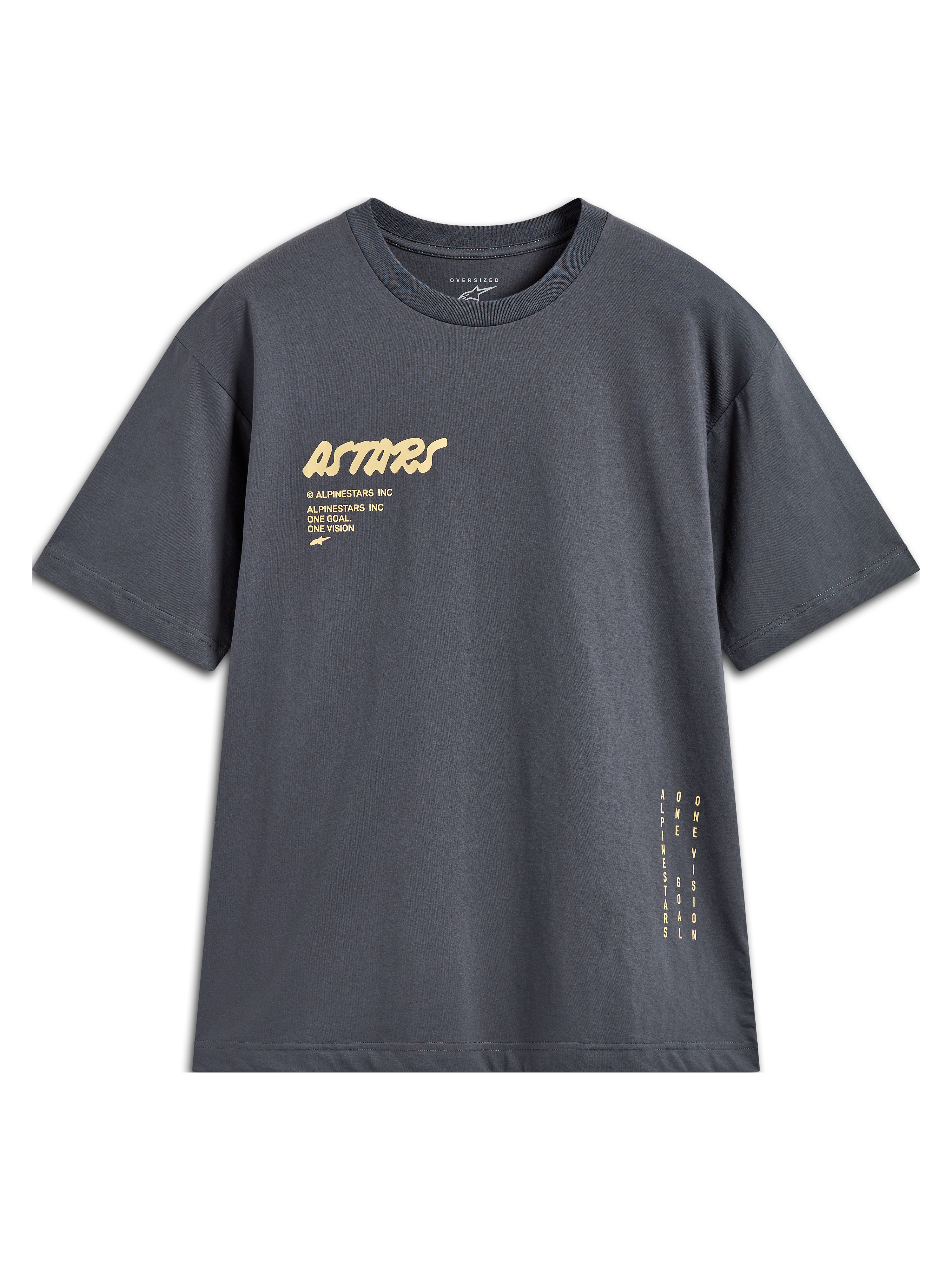 Alpinestars Chalk Oversized CSF, t-shirt à manches courtes gris anthracite, logo Astars et marquage vertical sur le côté.