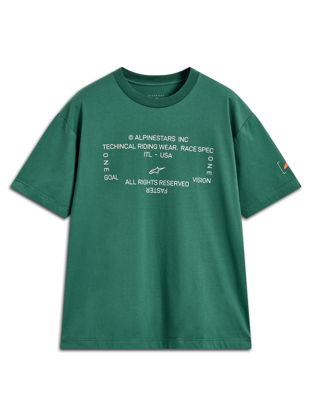 Alpinestars Infinity Oversized CSF Tee, t-shirt à manches courtes vert avec graphique technique blanc à l'avant et logo Astars sur la manche, style sportswear décontracté