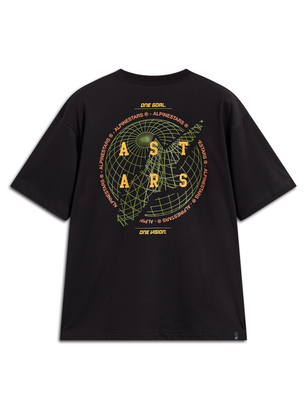 Alpinestars Latitude Oversized CSF Tee, t-shirt à manches courtes noir, vue de dos avec graphique de globe vert, logo ASTARS jaune et devise de la marque.