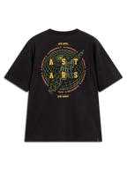 Alpinestars Latitude Oversized CSF Tee, t-shirt à manches courtes noir, vue de dos avec graphique de globe vert, logo ASTARS jaune et devise de la marque.