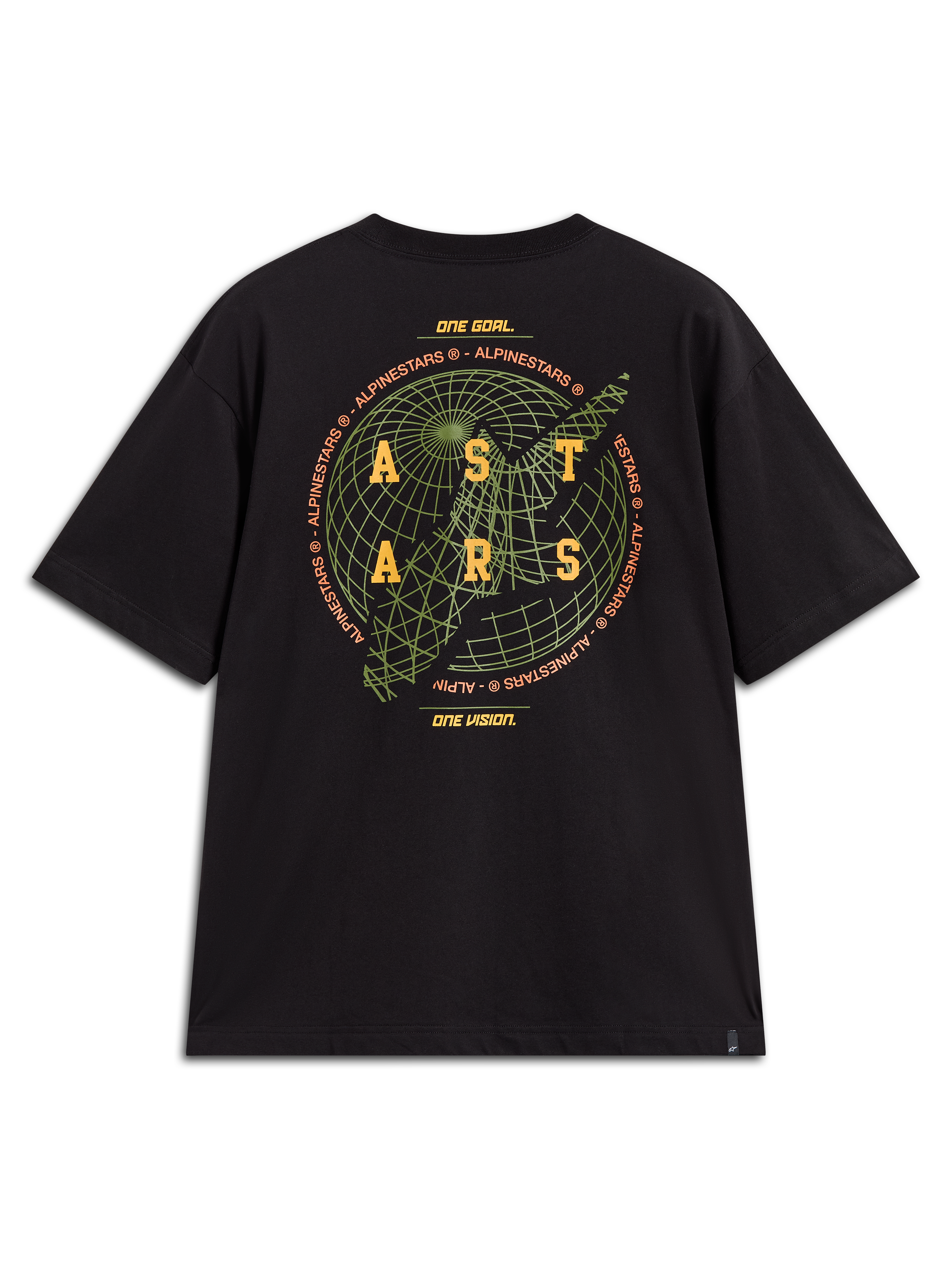 Alpinestars Latitude Oversized CSF Tee, t-shirt à manches courtes noir, vue de dos avec graphique de globe vert, logo ASTARS jaune et devise de la marque.