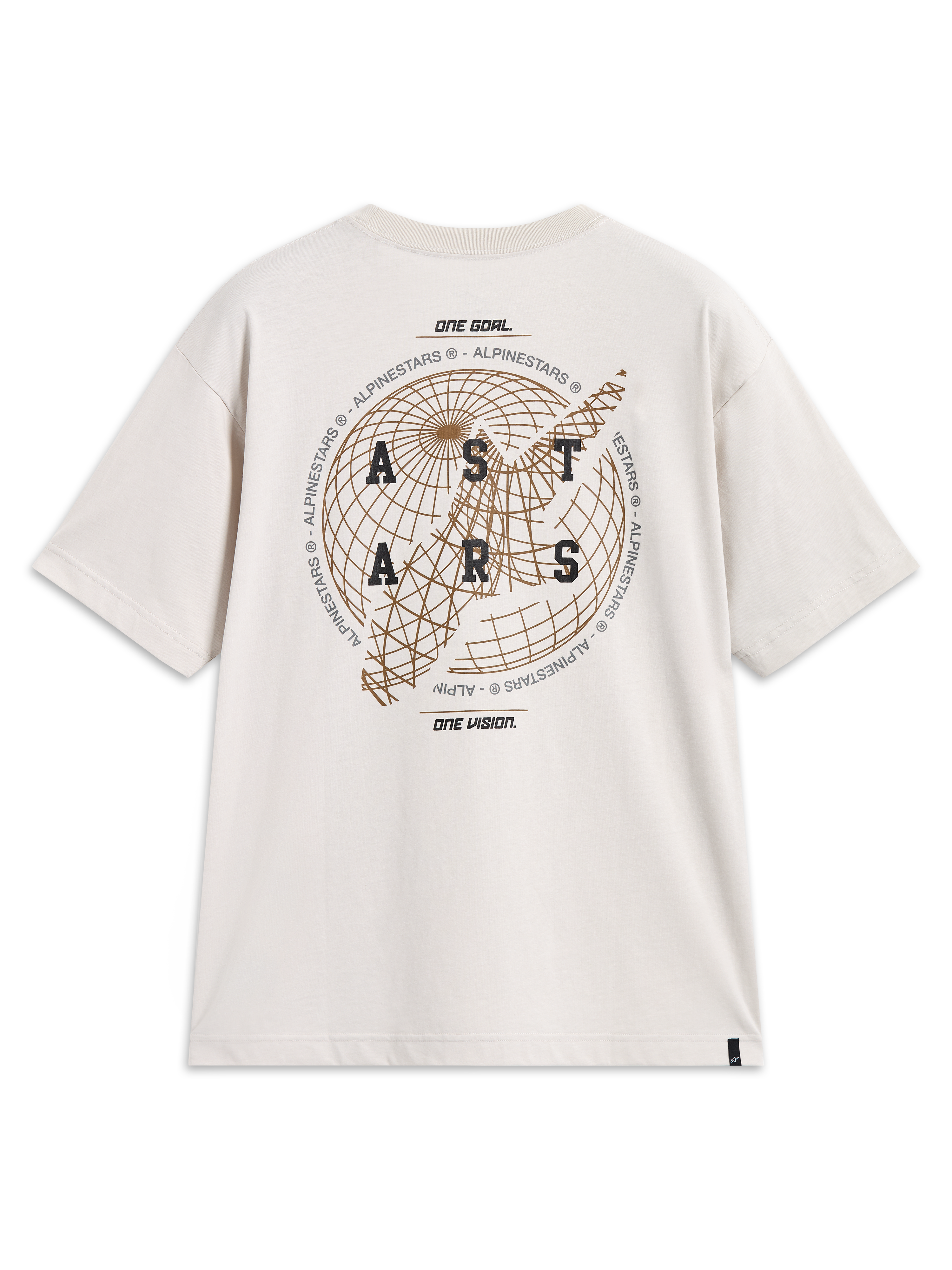 Alpinestars Latitude Oversized CSF, t-shirt de sportswear beige ciment à manches courtes, logo Astars et globe au dos.