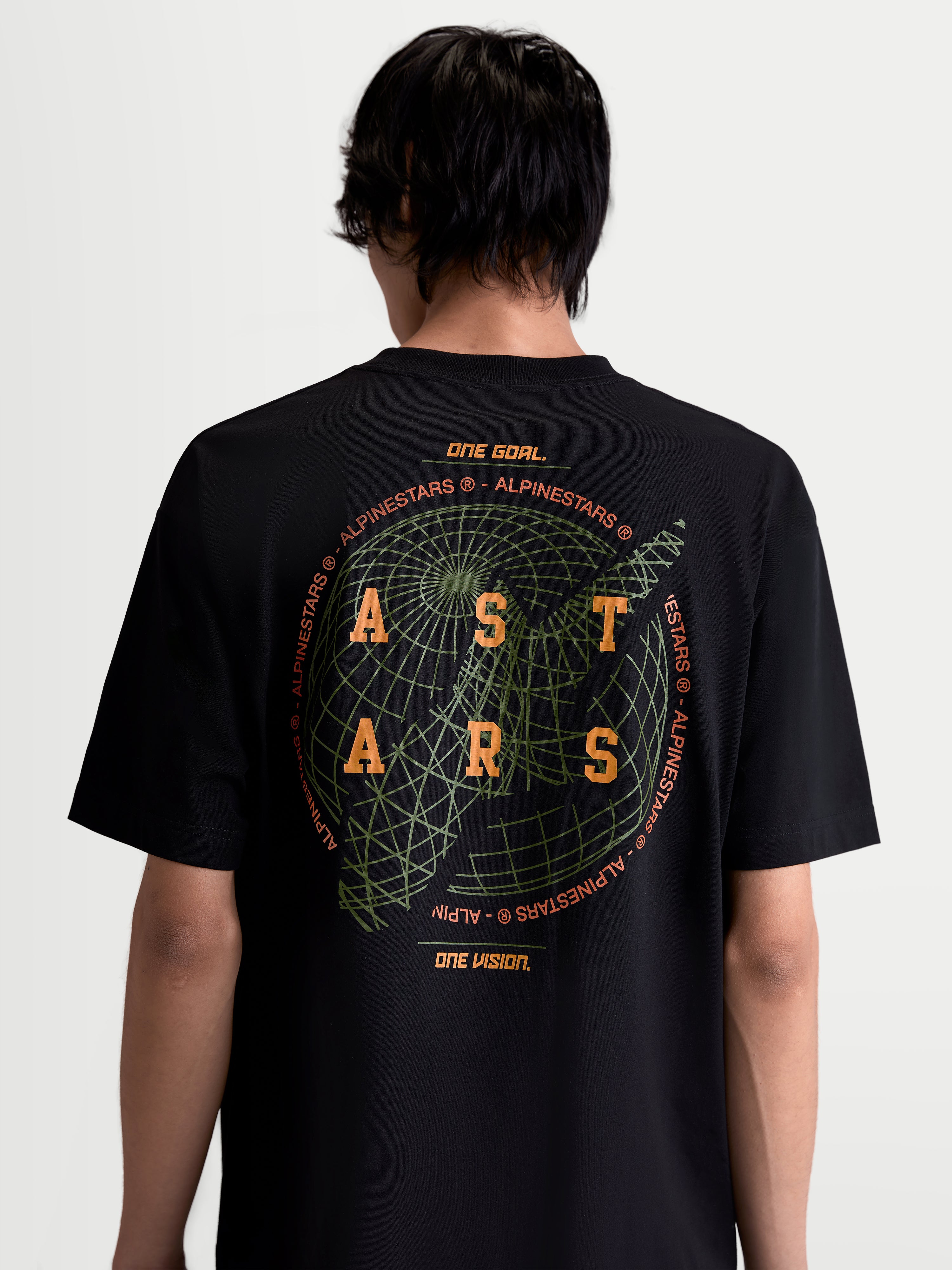 Alpinestars Latitude Oversized CSF Tee, Men's Sportswear T-shirt, Black, featuring a large green globe and orange ASTARS wordmark back graphic with 'One Goal. One Vision.' slogan, relaxed oversized fit, short sleeve cotton-poly blend for casual everyday comfort.
