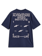 Alpinestars Institute Oversized SS CSF Tee, t-shirt à manches courtes bleu marine avec grands graphismes blancs au dos.