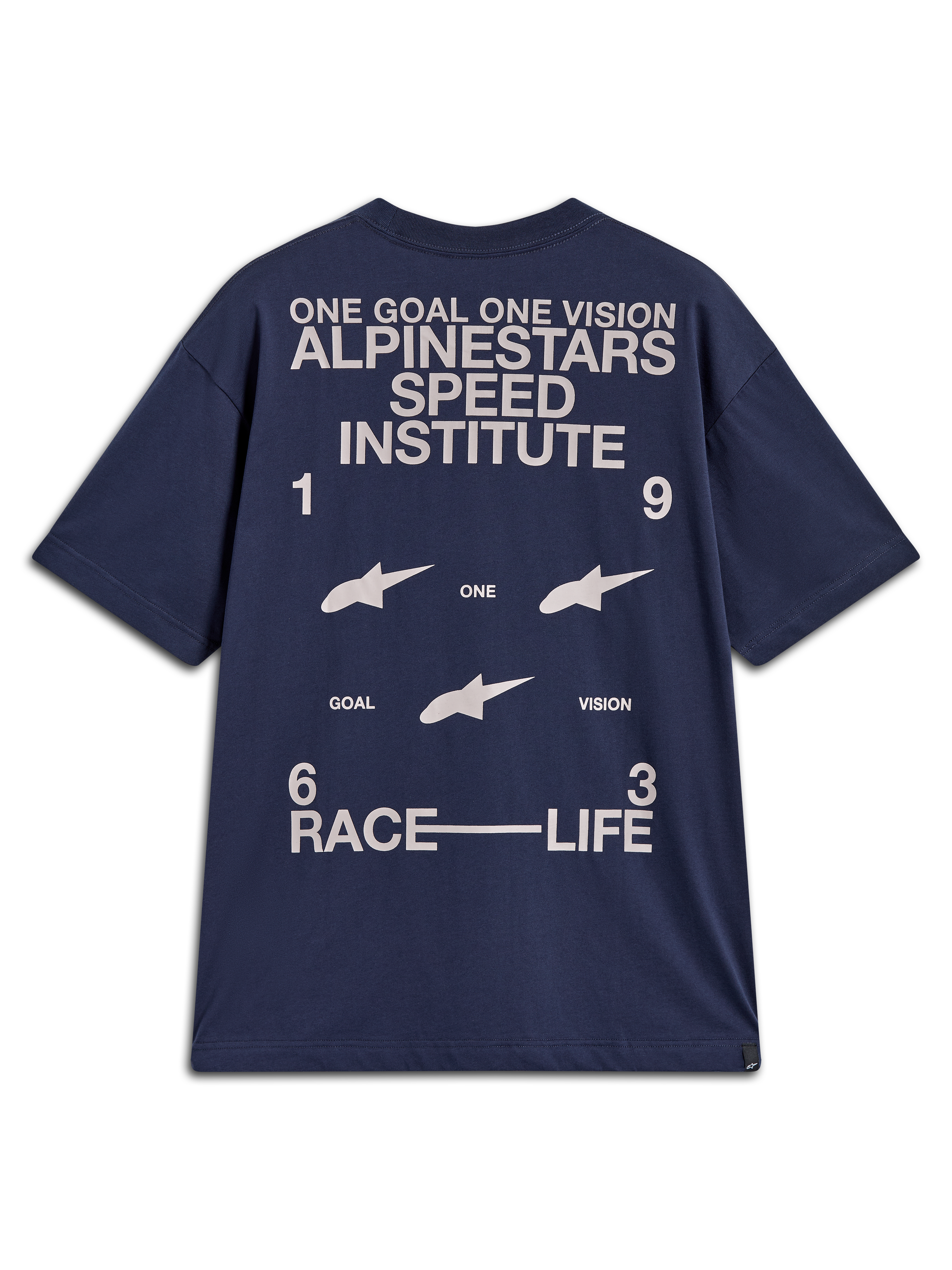 Alpinestars Institute Oversized SS CSF Tee, t-shirt à manches courtes bleu marine avec grands graphismes blancs au dos.