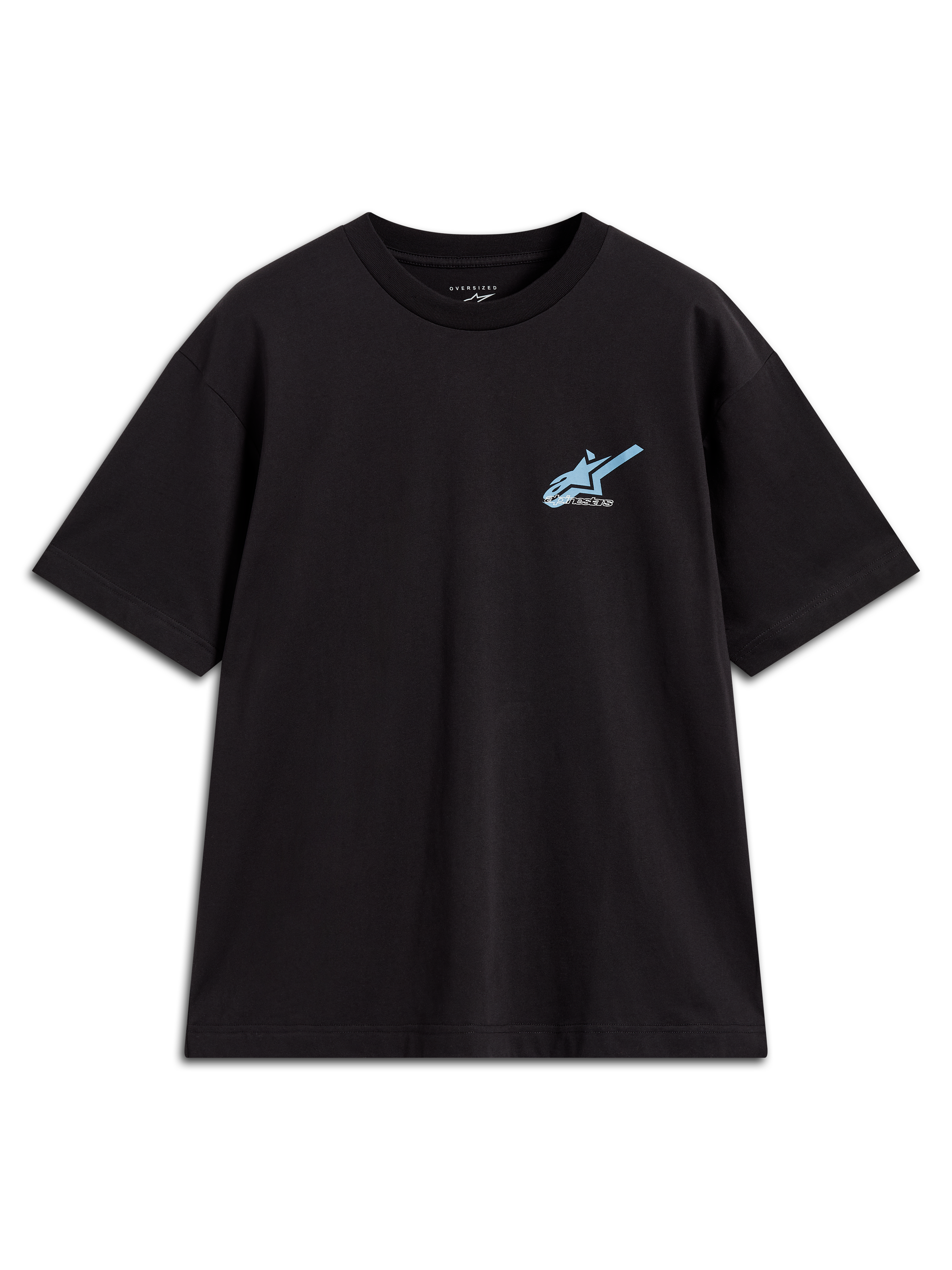 Alpinestars Ghost Oversized CSF Tee, t-shirt noir à manches courtes, logo bleu clair sur la poitrine, style sportswear.