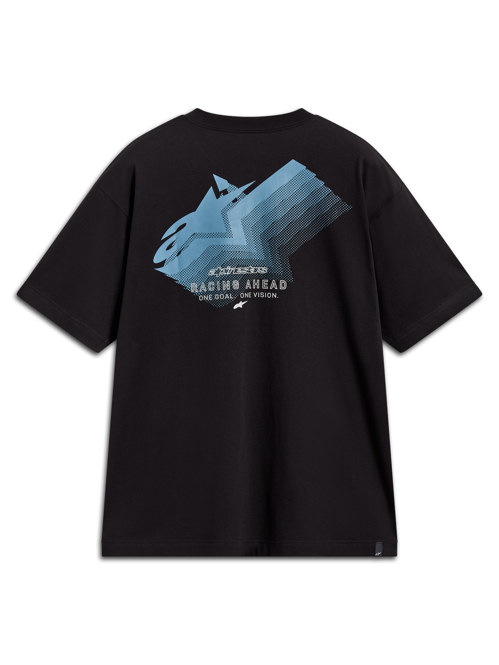 Alpinestars Ghost Oversized CSF Tee, t-shirt noir à manches courtes, vue de dos avec logo dégradé bleu et texte Racing Ahead