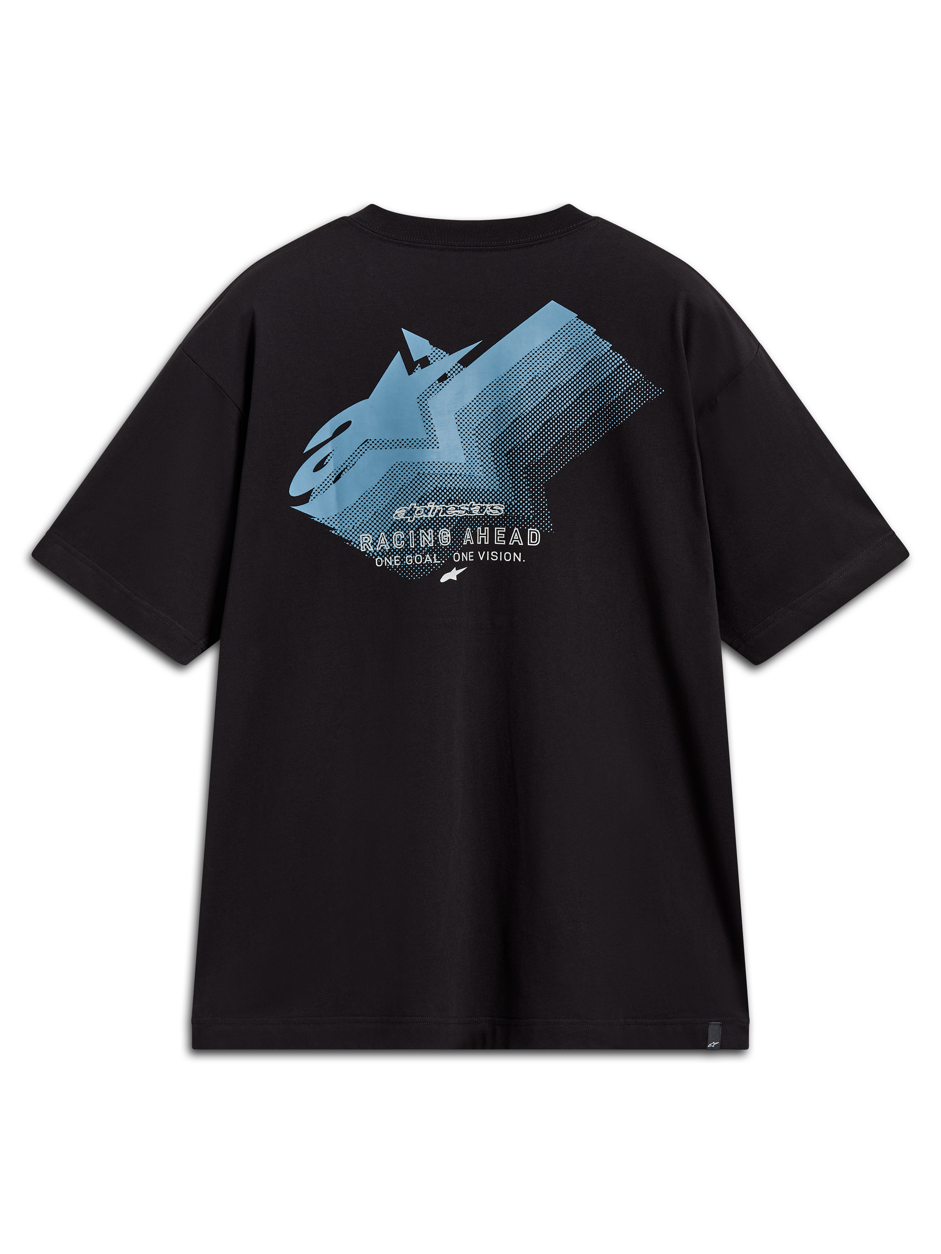 Alpinestars Ghost Oversized CSF Tee, t-shirt noir à manches courtes, vue de dos avec logo dégradé bleu et texte Racing Ahead