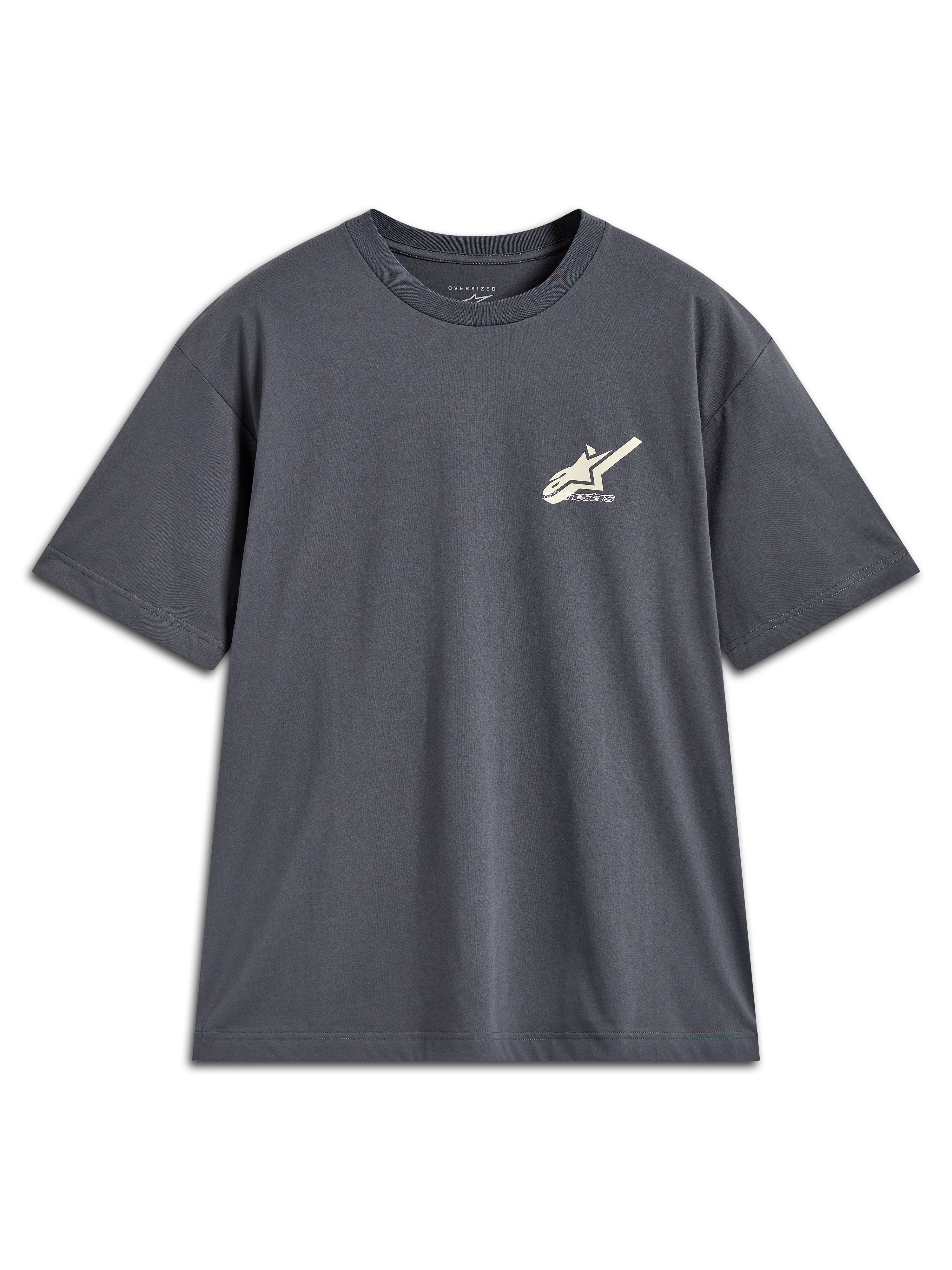 Alpinestars Ghost Oversized CSF Tee, t-shirt de sportswear à manches courtes, gris anthracite, petit logo Astars crème sur la poitrine, coupe ample et décontractée
